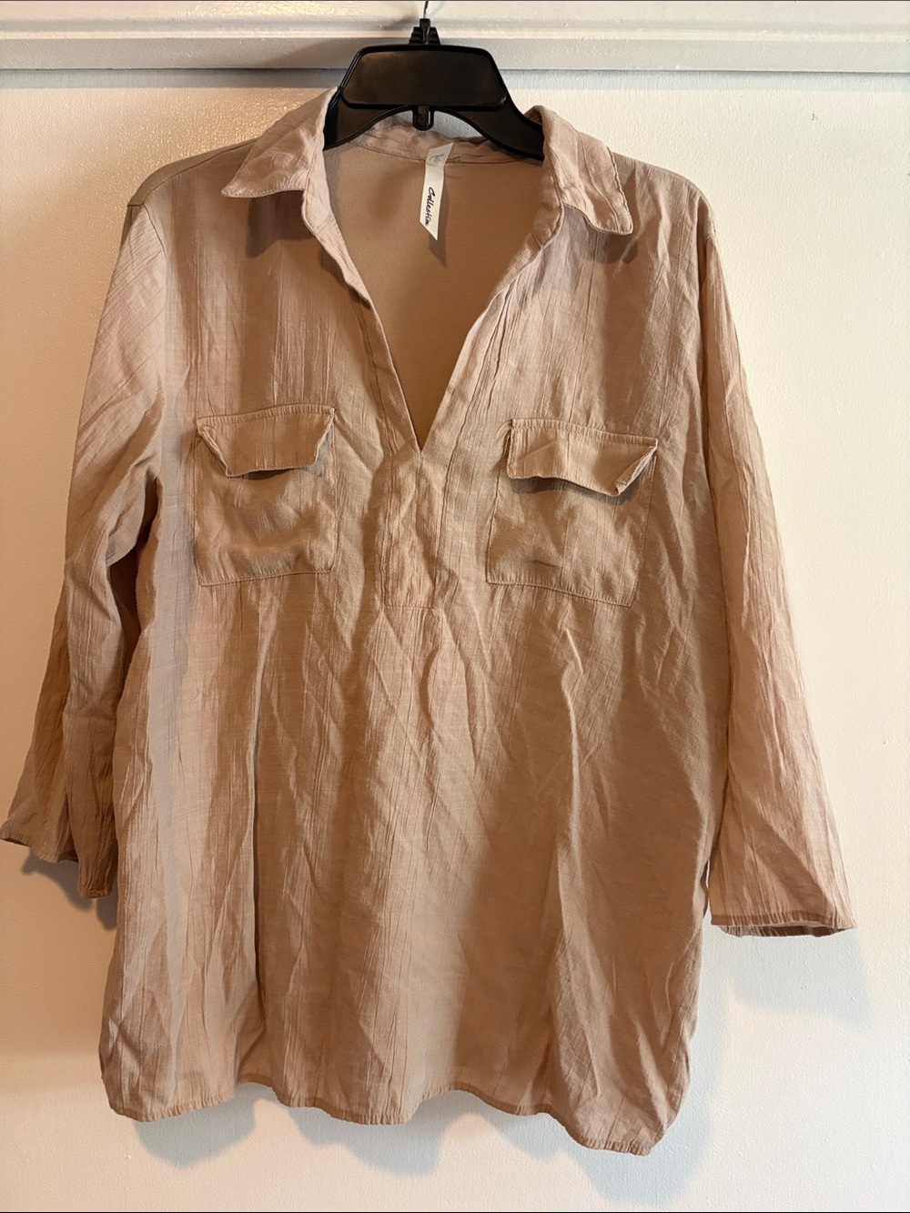NY Collection Taupe Long-Sleeve Collared V-Neck Tunic